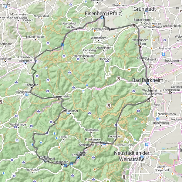 Karten-Miniaturansicht der Radinspiration "Rund um Elmstein: Die Weinberge und Schlösser Tour" in Rheinhessen-Pfalz, Germany. Erstellt vom Tarmacs.app-Routenplaner für Radtouren