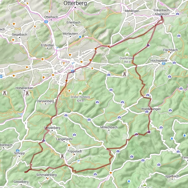 Map miniature of "Scenic Gravel Ride" cycling inspiration in Rheinhessen-Pfalz, Germany. Generated by Tarmacs.app cycling route planner