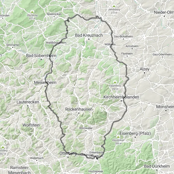 Map miniature of "Conquer the Scenic Road Cycling Routes surrounding Enkenbach-Alsenborn" cycling inspiration in Rheinhessen-Pfalz, Germany. Generated by Tarmacs.app cycling route planner