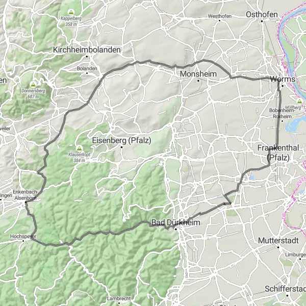 Map miniature of "Captivating Road Cycling Routes in Rheinhessen-Pfalz" cycling inspiration in Rheinhessen-Pfalz, Germany. Generated by Tarmacs.app cycling route planner