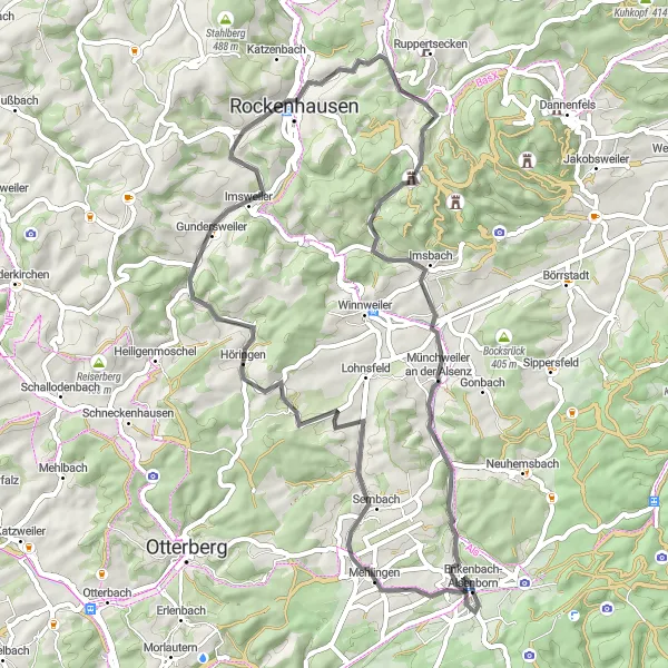 Map miniature of "Scenic Road Cycling Adventure in Rheinhessen-Pfalz" cycling inspiration in Rheinhessen-Pfalz, Germany. Generated by Tarmacs.app cycling route planner