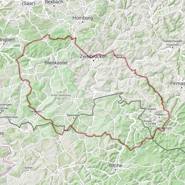 Karten-Miniaturansicht der Radinspiration "Große Gravel-Tour durch die Pfalz" in Rheinhessen-Pfalz, Germany. Erstellt vom Tarmacs.app-Routenplaner für Radtouren