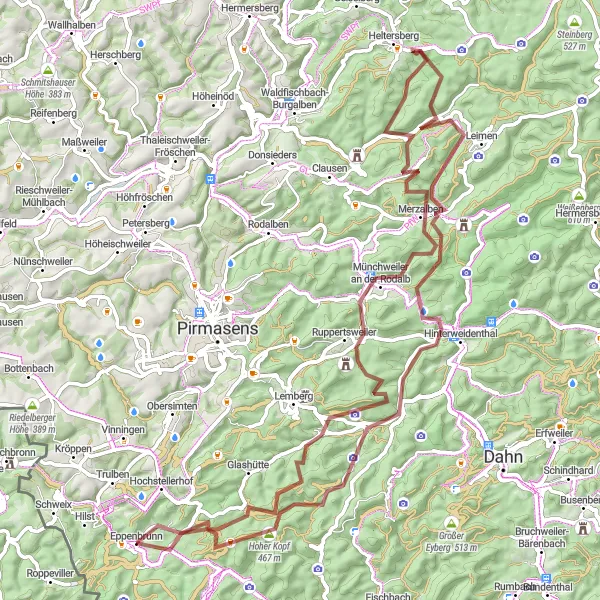 Karten-Miniaturansicht der Radinspiration "Felsen, Burgen und Wälder Route" in Rheinhessen-Pfalz, Germany. Erstellt vom Tarmacs.app-Routenplaner für Radtouren