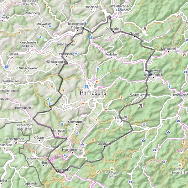 Karten-Miniaturansicht der Radinspiration "Wälder und Täler Rundweg" in Rheinhessen-Pfalz, Germany. Erstellt vom Tarmacs.app-Routenplaner für Radtouren