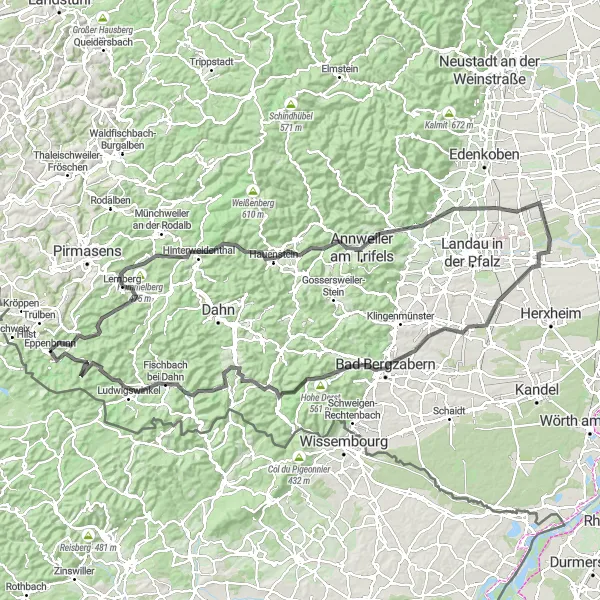 Map miniature of "Conquer the Uncharted Roads of Southern Germany" cycling inspiration in Rheinhessen-Pfalz, Germany. Generated by Tarmacs.app cycling route planner