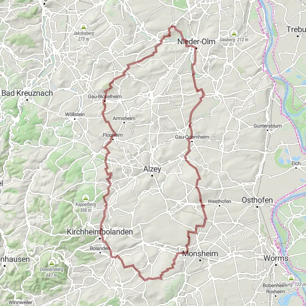 Map miniature of "Rheinhessen-Pfalz Gravel Cycling Adventure" cycling inspiration in Rheinhessen-Pfalz, Germany. Generated by Tarmacs.app cycling route planner