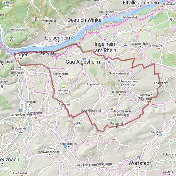 Map miniature of "Gravel Adventures near Essenheim" cycling inspiration in Rheinhessen-Pfalz, Germany. Generated by Tarmacs.app cycling route planner