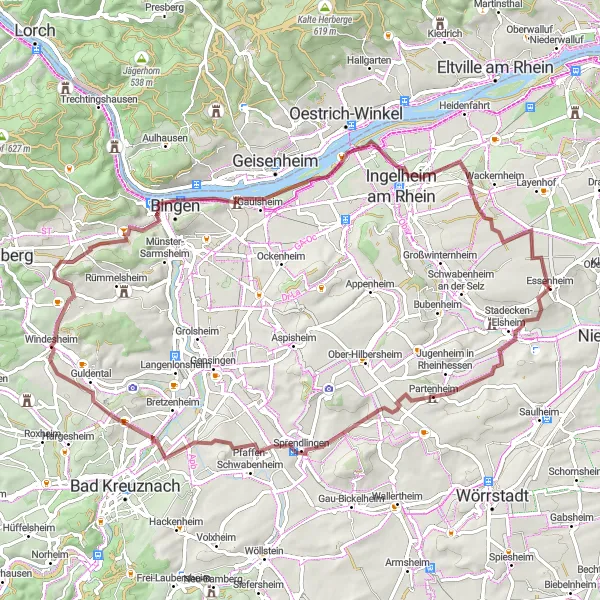 Map miniature of "Challenging Gravel Ride around Essenheim" cycling inspiration in Rheinhessen-Pfalz, Germany. Generated by Tarmacs.app cycling route planner