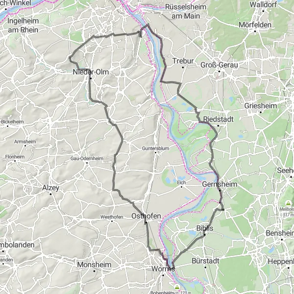 Map miniature of "Essenheim and Surroundings on Road Bike" cycling inspiration in Rheinhessen-Pfalz, Germany. Generated by Tarmacs.app cycling route planner