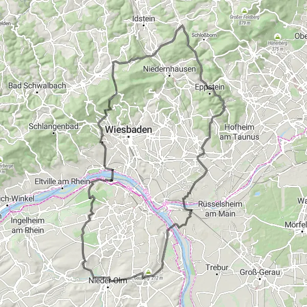 Map miniature of "Rheinhessen-Pfalz Road Cycling Tour" cycling inspiration in Rheinhessen-Pfalz, Germany. Generated by Tarmacs.app cycling route planner