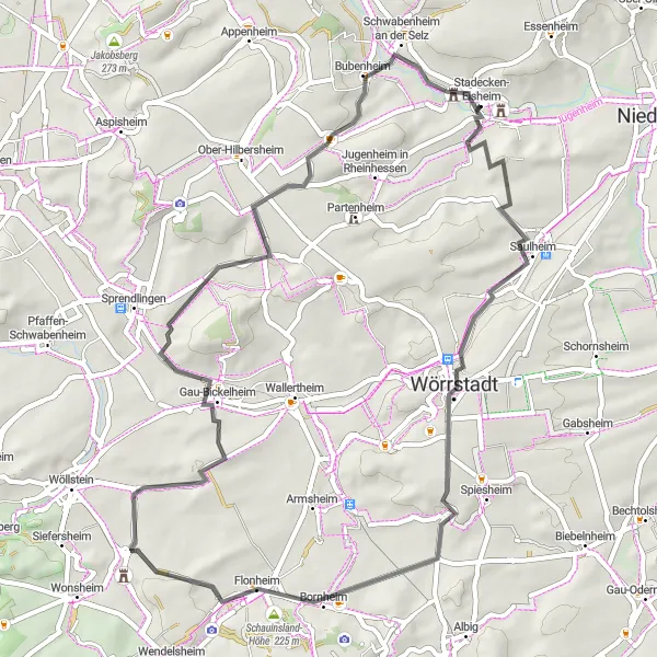 Map miniature of "Explore Wörrstadt and Surroundings on Road Bike" cycling inspiration in Rheinhessen-Pfalz, Germany. Generated by Tarmacs.app cycling route planner