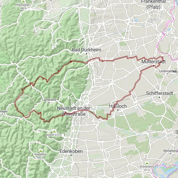 Karten-Miniaturansicht der Radinspiration "Gravel Rundweg in der Nähe von Esthal" in Rheinhessen-Pfalz, Germany. Erstellt vom Tarmacs.app-Routenplaner für Radtouren