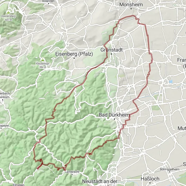 Karten-Miniaturansicht der Radinspiration "Abenteuerliche Gravelradtour ab Esthal" in Rheinhessen-Pfalz, Germany. Erstellt vom Tarmacs.app-Routenplaner für Radtouren