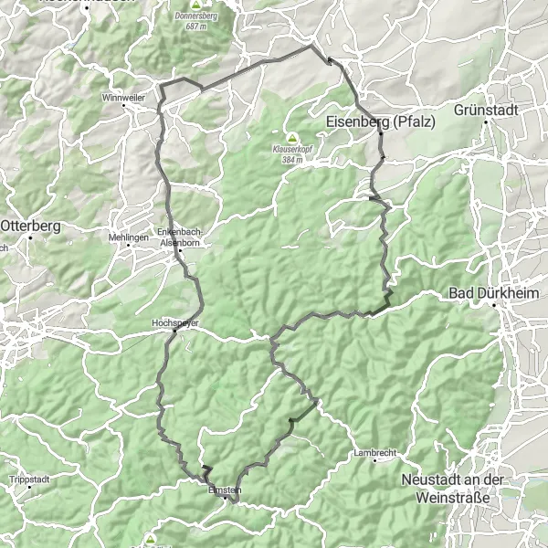 Karten-Miniaturansicht der Radinspiration "Straßenradweg in Rheinhessen-Pfalz" in Rheinhessen-Pfalz, Germany. Erstellt vom Tarmacs.app-Routenplaner für Radtouren