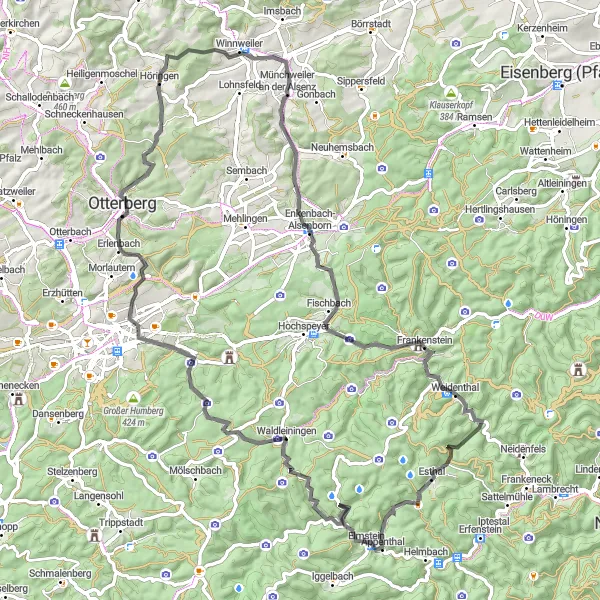 Karten-Miniaturansicht der Radinspiration "Rundtour zu Ehrenfels und Waldleiningen" in Rheinhessen-Pfalz, Germany. Erstellt vom Tarmacs.app-Routenplaner für Radtouren