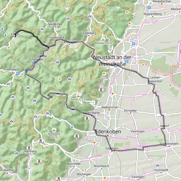 Karten-Miniaturansicht der Radinspiration "Rundfahrt über Frankeneck und Sankt Martin" in Rheinhessen-Pfalz, Germany. Erstellt vom Tarmacs.app-Routenplaner für Radtouren