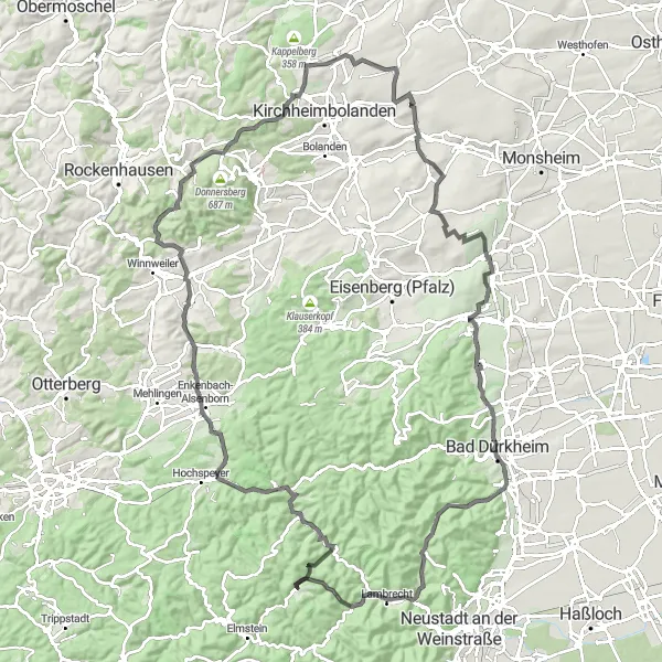 Karten-Miniaturansicht der Radinspiration "Ausgedehnte Rundfahrt über Weidenthal und Stetten" in Rheinhessen-Pfalz, Germany. Erstellt vom Tarmacs.app-Routenplaner für Radtouren
