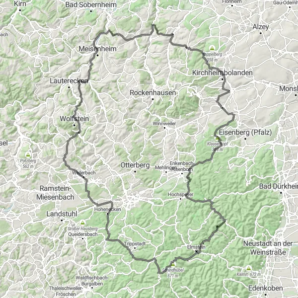 Karten-Miniaturansicht der Radinspiration "Die Hügelroute von Esthal" in Rheinhessen-Pfalz, Germany. Erstellt vom Tarmacs.app-Routenplaner für Radtouren
