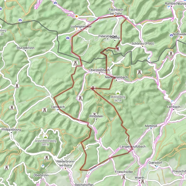 Map miniature of "Scenic Gravel Ride to Ludwgswinkel" cycling inspiration in Rheinhessen-Pfalz, Germany. Generated by Tarmacs.app cycling route planner