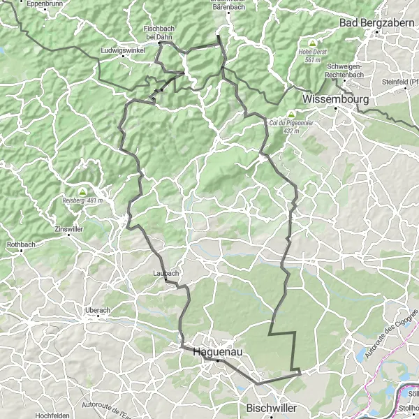 Map miniature of "Road Route to Fischbach bei Dahn and Nothweiler" cycling inspiration in Rheinhessen-Pfalz, Germany. Generated by Tarmacs.app cycling route planner