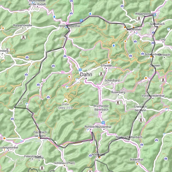 Map miniature of "Road Route to Fischbach bei Dahn and Hauenstein" cycling inspiration in Rheinhessen-Pfalz, Germany. Generated by Tarmacs.app cycling route planner