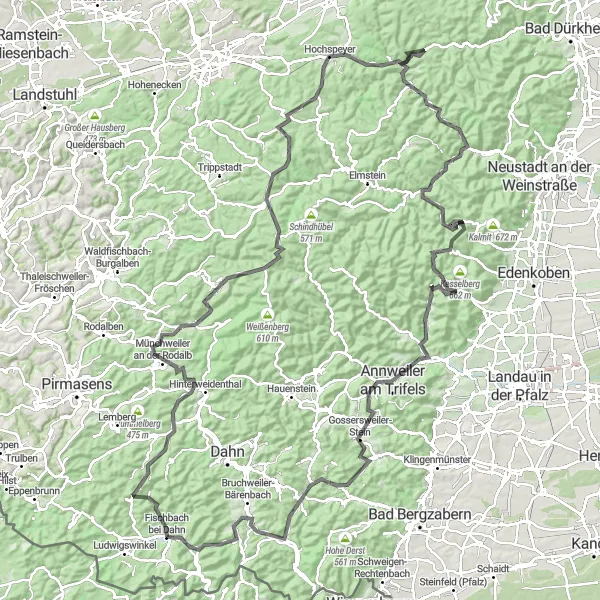 Map miniature of "Exploring surrounding mountains" cycling inspiration in Rheinhessen-Pfalz, Germany. Generated by Tarmacs.app cycling route planner