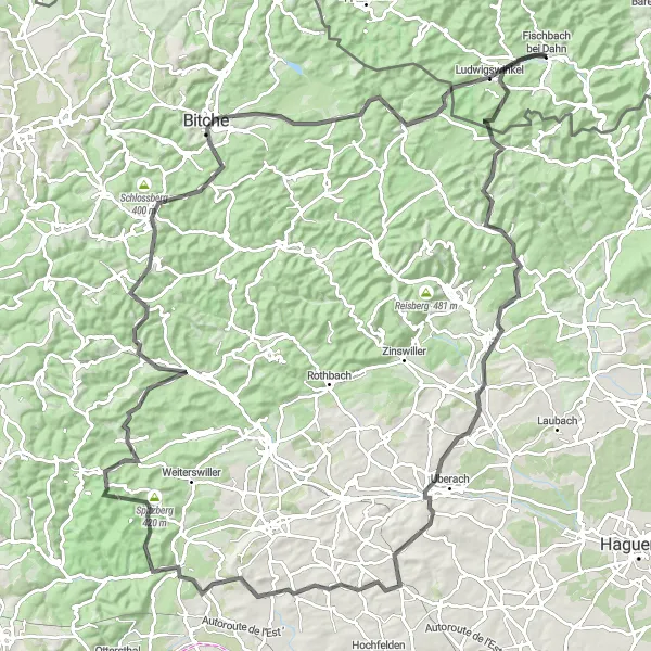 Map miniature of "Discovering Hidden Gems" cycling inspiration in Rheinhessen-Pfalz, Germany. Generated by Tarmacs.app cycling route planner