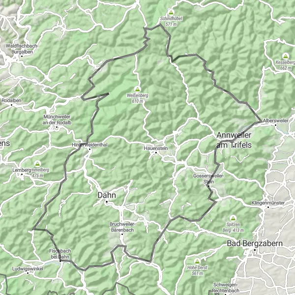 Karten-Miniaturansicht der Radinspiration "Radtour um Fischbach bei Dahn" in Rheinhessen-Pfalz, Germany. Erstellt vom Tarmacs.app-Routenplaner für Radtouren