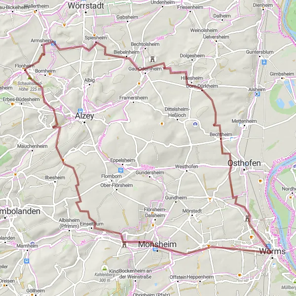 Map miniature of "Rheinhessen Circular" cycling inspiration in Rheinhessen-Pfalz, Germany. Generated by Tarmacs.app cycling route planner