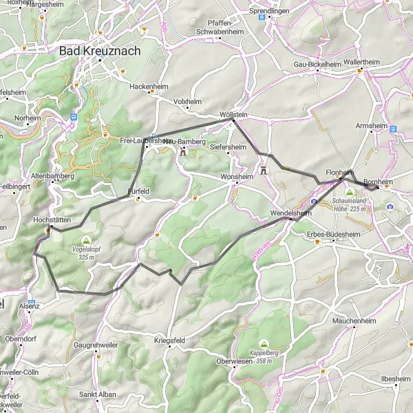 Map miniature of "Rheinhessen-Pfalz Road 1" cycling inspiration in Rheinhessen-Pfalz, Germany. Generated by Tarmacs.app cycling route planner