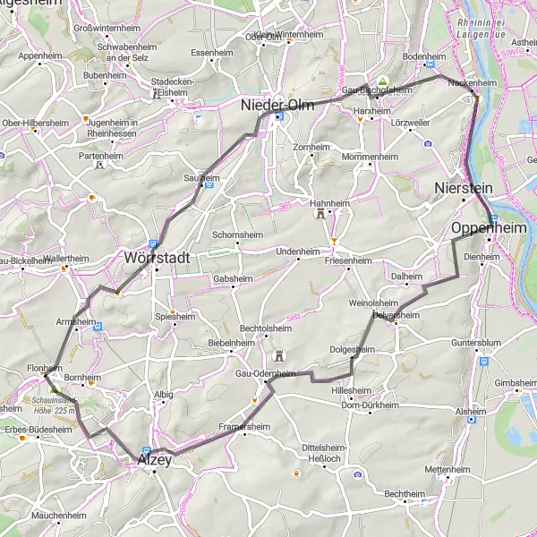 Map miniature of "Rheinhessen-Pfalz Road 2" cycling inspiration in Rheinhessen-Pfalz, Germany. Generated by Tarmacs.app cycling route planner