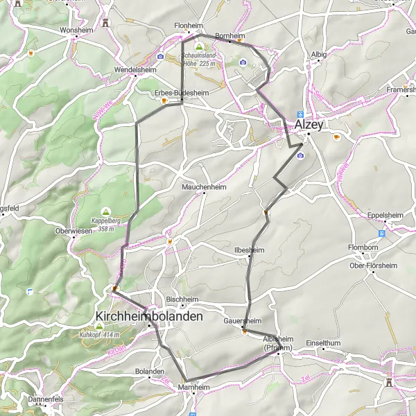 Karten-Miniaturansicht der Radinspiration "Weinberge und Aussichtspunkte" in Rheinhessen-Pfalz, Germany. Erstellt vom Tarmacs.app-Routenplaner für Radtouren