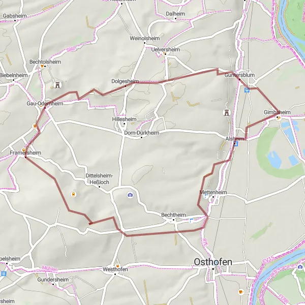 Map miniature of "Rheinhessen Gravel Adventure" cycling inspiration in Rheinhessen-Pfalz, Germany. Generated by Tarmacs.app cycling route planner