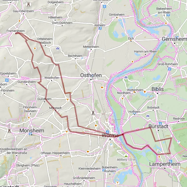 Map miniature of "Scenic Gravel Tour of Rheinhessen" cycling inspiration in Rheinhessen-Pfalz, Germany. Generated by Tarmacs.app cycling route planner