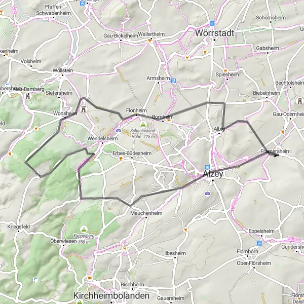 Karten-Miniaturansicht der Radinspiration "Durch die Weinberge" in Rheinhessen-Pfalz, Germany. Erstellt vom Tarmacs.app-Routenplaner für Radtouren