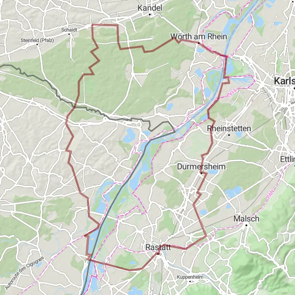 Map miniature of "The Rheinhessen-Pfalz Gravel Adventure" cycling inspiration in Rheinhessen-Pfalz, Germany. Generated by Tarmacs.app cycling route planner