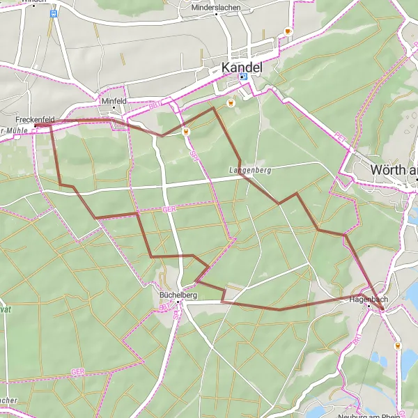 Map miniature of "Short and Scenic Gravel Ride" cycling inspiration in Rheinhessen-Pfalz, Germany. Generated by Tarmacs.app cycling route planner