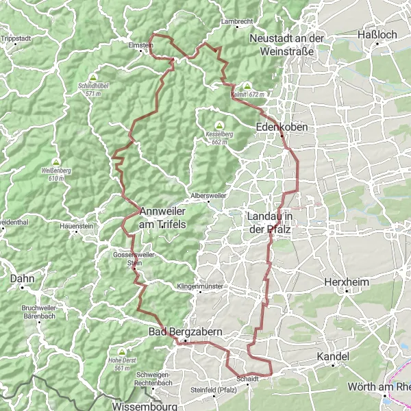 Map miniature of "Off-Road Adventure near Freckenfeld" cycling inspiration in Rheinhessen-Pfalz, Germany. Generated by Tarmacs.app cycling route planner