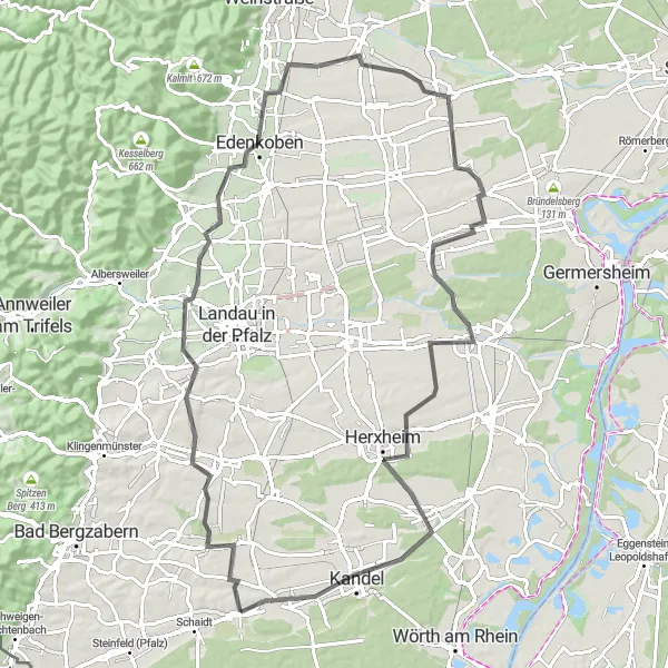 Karten-Miniaturansicht der Radinspiration "Panorama Pfälzer Berge und Rheinebene" in Rheinhessen-Pfalz, Germany. Erstellt vom Tarmacs.app-Routenplaner für Radtouren