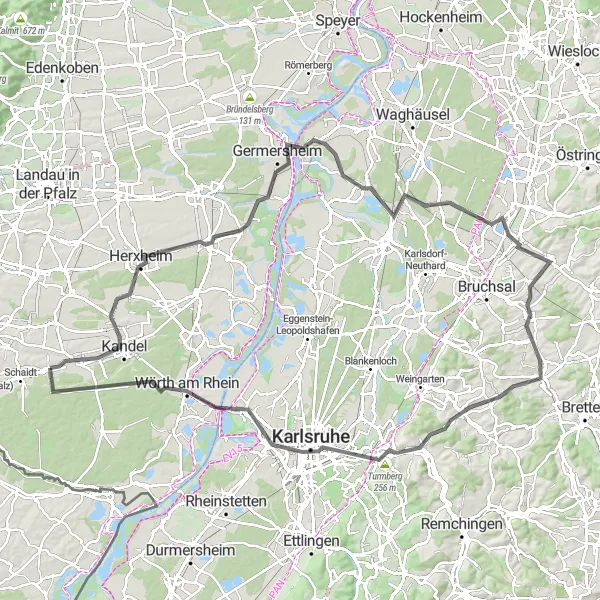 Map miniature of "Riverside Road Cycling Adventure" cycling inspiration in Rheinhessen-Pfalz, Germany. Generated by Tarmacs.app cycling route planner