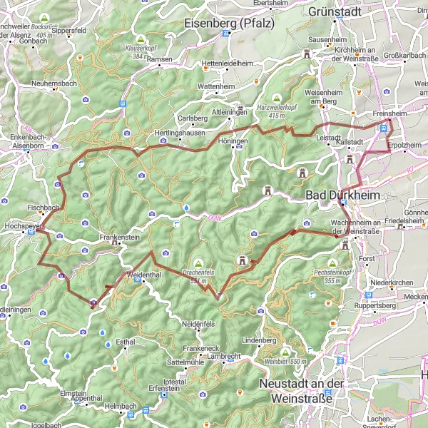 Map miniature of "Weidenthal Gravel Adventure" cycling inspiration in Rheinhessen-Pfalz, Germany. Generated by Tarmacs.app cycling route planner