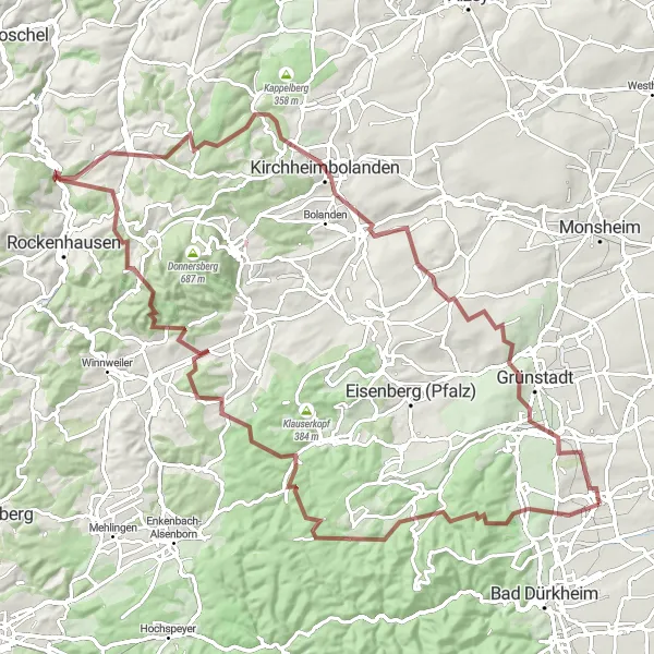 Map miniature of "Off-Road Adventure through Forests and Hills" cycling inspiration in Rheinhessen-Pfalz, Germany. Generated by Tarmacs.app cycling route planner