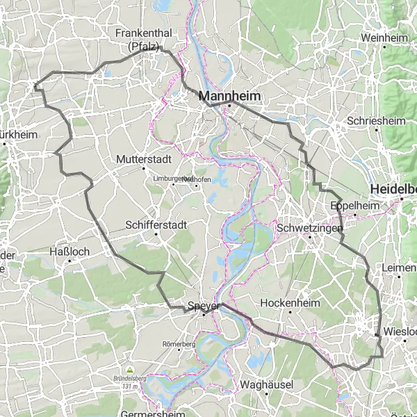 Map miniature of "The Frankenthal Exploration" cycling inspiration in Rheinhessen-Pfalz, Germany. Generated by Tarmacs.app cycling route planner