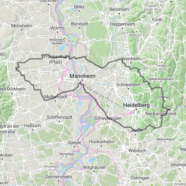 Map miniature of "Famous Vineyards and Charming Towns" cycling inspiration in Rheinhessen-Pfalz, Germany. Generated by Tarmacs.app cycling route planner