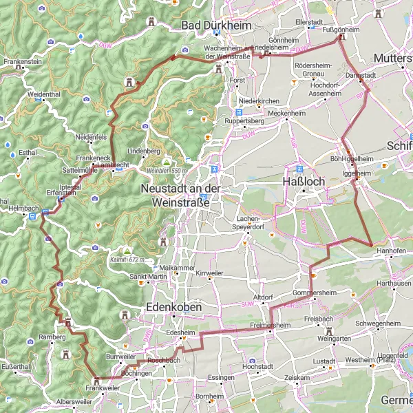 Map miniature of "Rheinhessen-Pfalz Extended Gravel Cycling Tour" cycling inspiration in Rheinhessen-Pfalz, Germany. Generated by Tarmacs.app cycling route planner