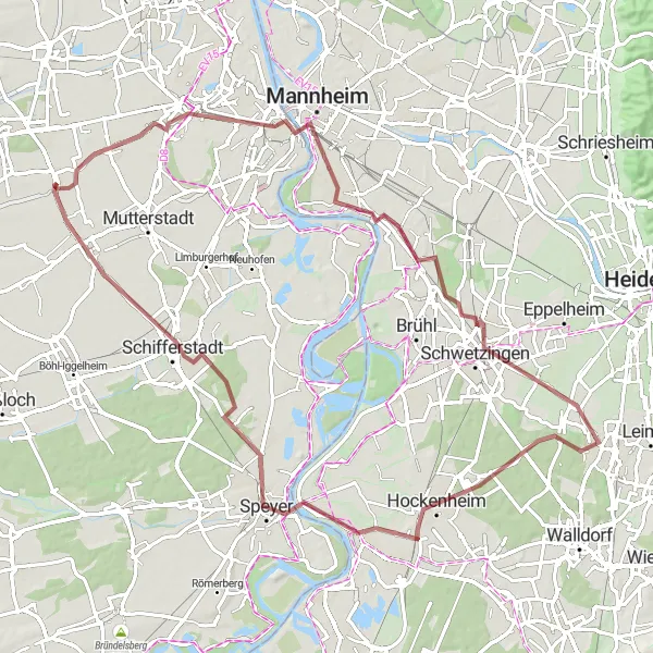 Map miniature of "Rheinhessen-Pfalz Gravel Cycling Tour" cycling inspiration in Rheinhessen-Pfalz, Germany. Generated by Tarmacs.app cycling route planner