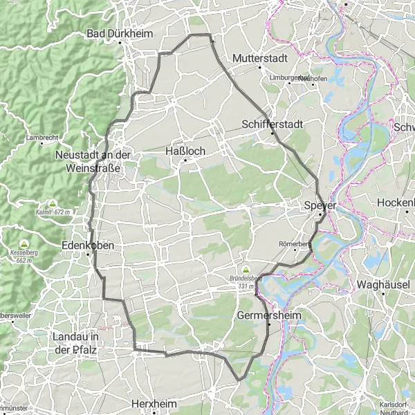 Map miniature of "Rheinhessen-Pfalz Scenic Road Cycling Tour" cycling inspiration in Rheinhessen-Pfalz, Germany. Generated by Tarmacs.app cycling route planner