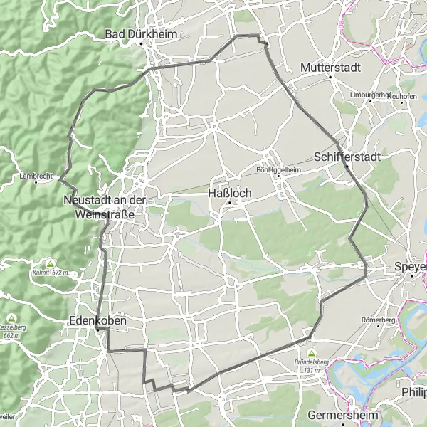 Karten-Miniaturansicht der Radinspiration "Weinstraßen-Rundtour durch die Pfalz" in Rheinhessen-Pfalz, Germany. Erstellt vom Tarmacs.app-Routenplaner für Radtouren