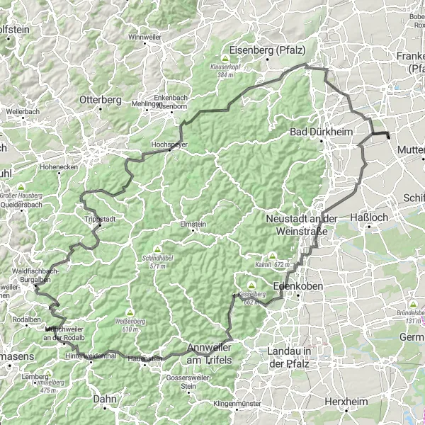 Map miniature of "Rheinhessen-Pfalz Ultimate Challenge: Mountain Passes and Panoramic Views" cycling inspiration in Rheinhessen-Pfalz, Germany. Generated by Tarmacs.app cycling route planner