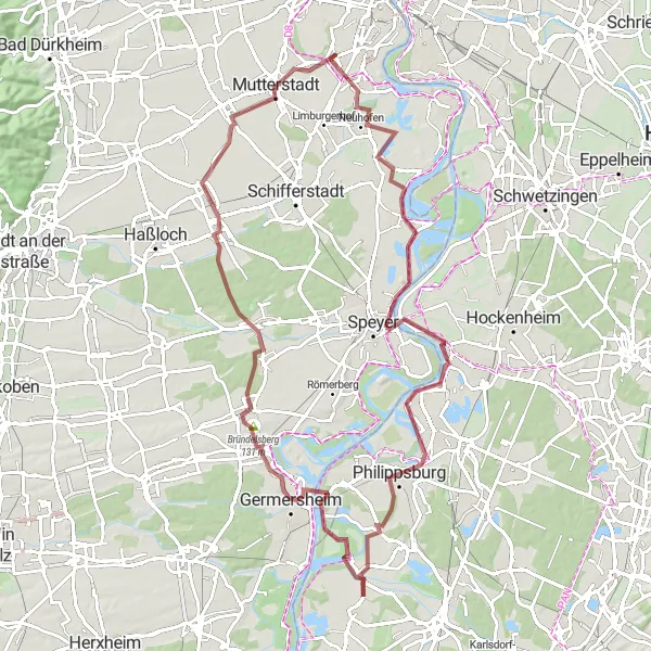 Map miniature of "Gartenstadt - Rheinhessen-Pfalz Gravel Adventure" cycling inspiration in Rheinhessen-Pfalz, Germany. Generated by Tarmacs.app cycling route planner